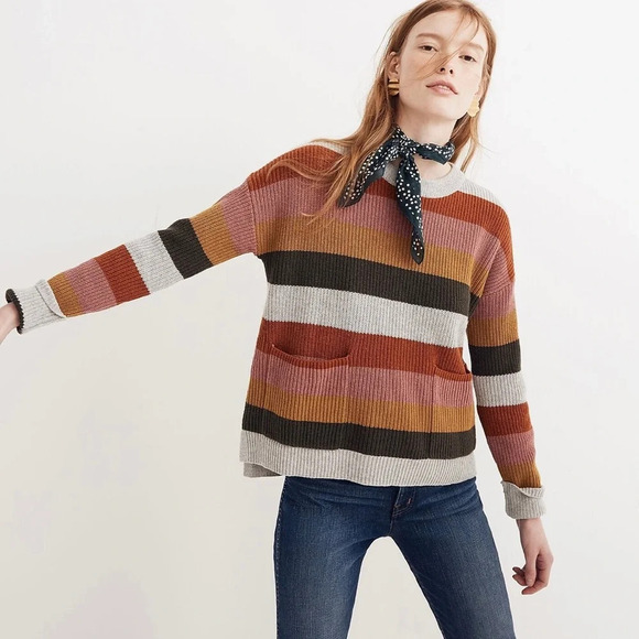 Madewell Patch Pocket Pullover Sweater in Multi Walton Stripe XXsmall Women’s - Picture 1 of 11